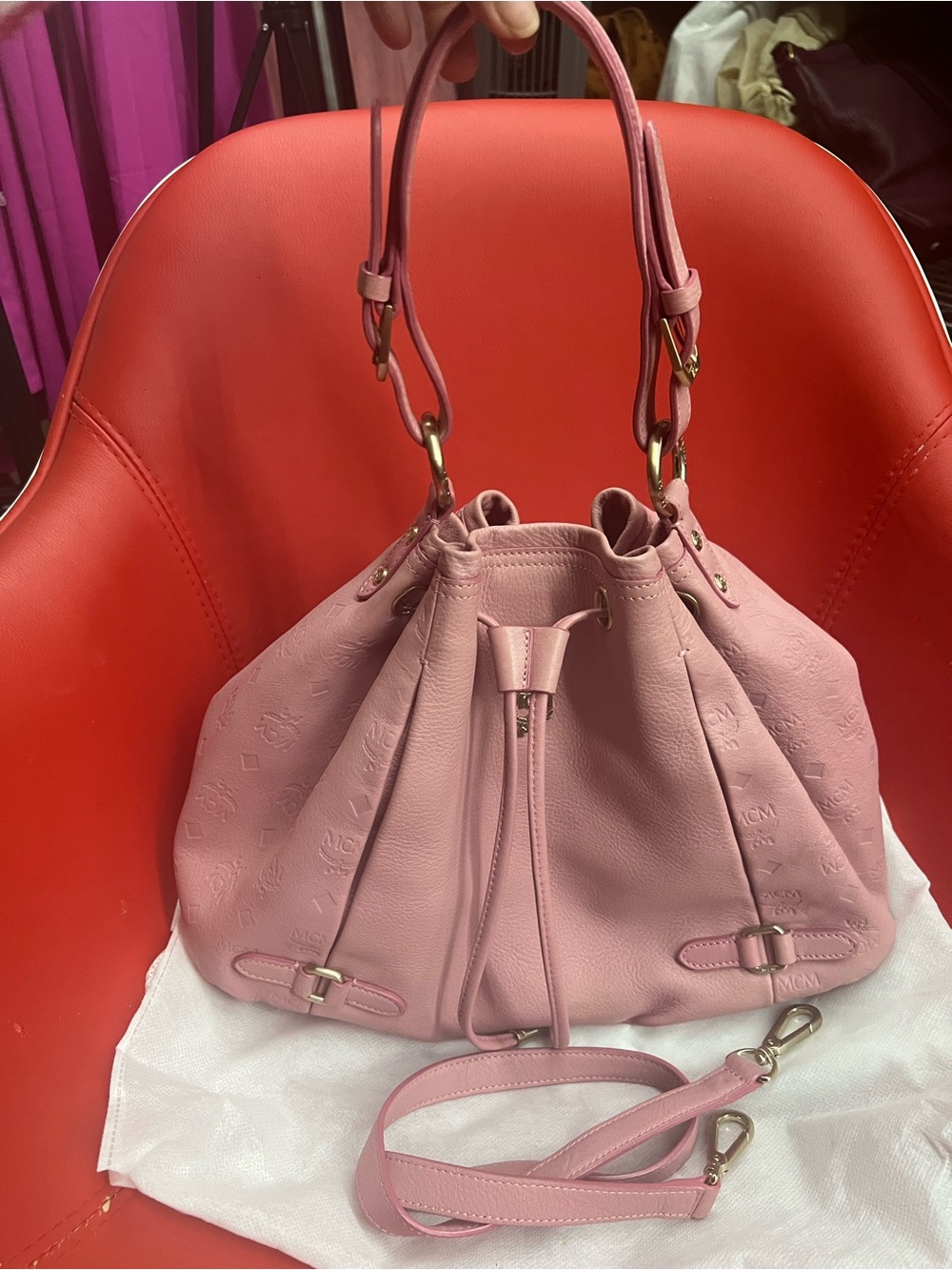 MCM Pink Leather Drawstring Shoulder Bag